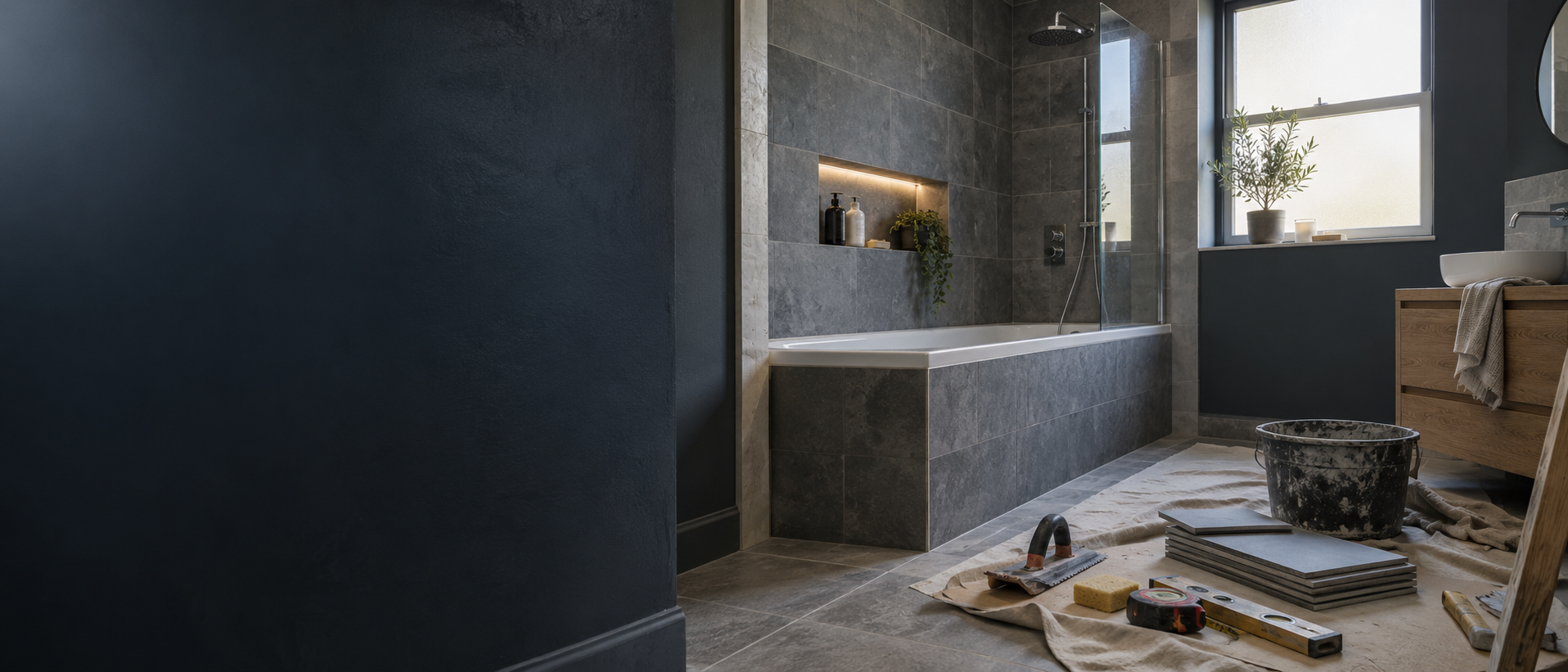 A carefully tiled bathroom renovation in progress with professional tools
